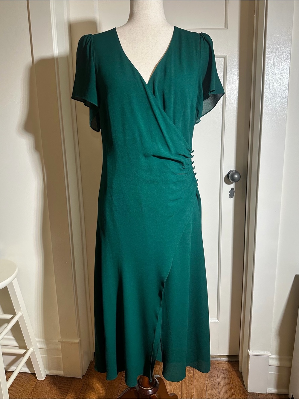 Reformation Deep Green Wrap-Style Elegant Midi Dress